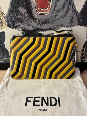 Fendi Zig Zag Lightning Bolt Zip Pouch Bag Charm Keychain w/COA